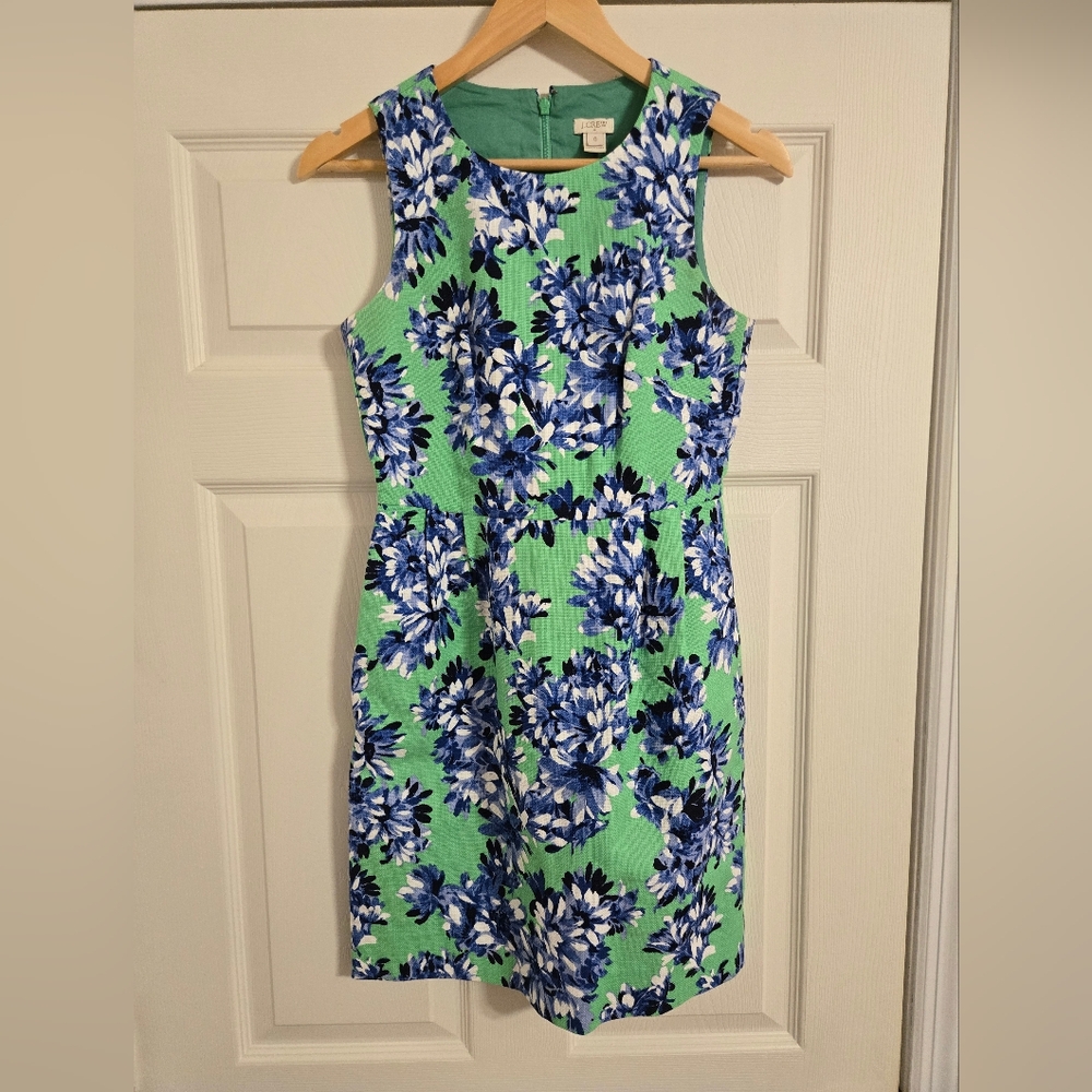 J. Crew bright green and blue floral sleeveless dress size 0 - Picture 1 of 8